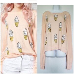 Wildfox Ice Cream Cone Peach Long Sleeves Top Novalty Print Sz Medium 100 Cotton